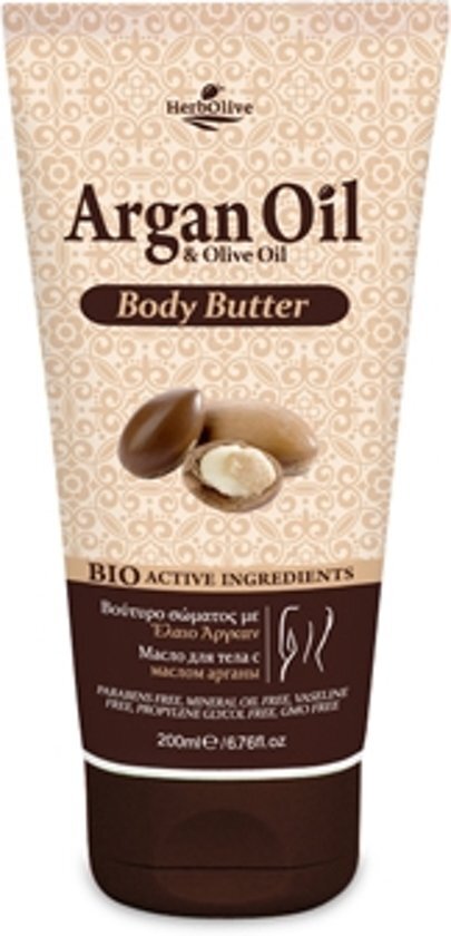 HerbOlive Argan Olie Body Boter 200ml 100% Biologisch geteelde producten - Parabenen vrij - Vaseline vrij - Minerale Olie vrij - Propyleenglycol vrij