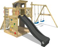 Wickey Smart Camp Speeltoestel - Dubbele schommel met Glijbaan en Speelhuisje - Klimwand & Zandbak - 390x420x237 cm - Grijs