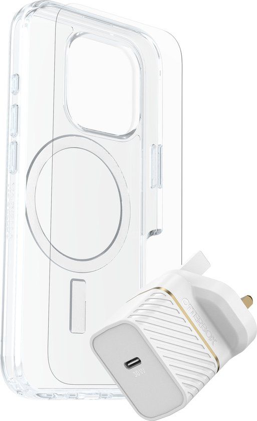 OtterBox Symmetry Series Clear for MagSafe + Premium Glass + Fast Charge Wall Charger USB-C 30W Type G voor Apple iPhone 16 Pro