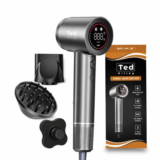 Ted Hilley Ionische Fohn met Diffuser - Haardroger Krullen - 5 x Sneller, Pluisvrij, Glanzend - HD Display - 5 Warmtestanden, 2 Snelheden [Beste Fohn 2026]