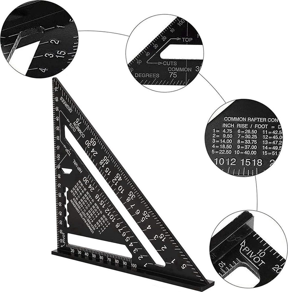 YUWO YUWO® Winkelhaak - Blokhaak - Zwaaihaak - Schrijfhaak - Speed Square - Aluminium - Zwart