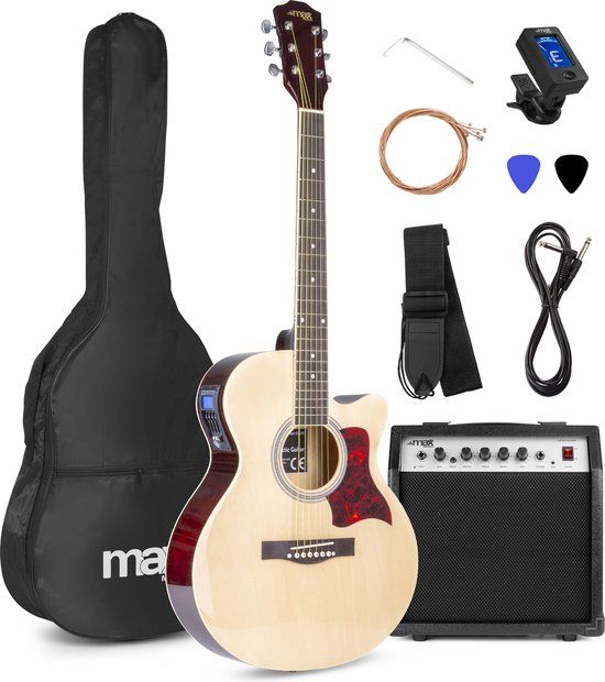 MAX ShowKit Elektrisch Akoestische Gitaar Set - 40W Versterker, Stemapparaat, Tas & Plectrum - Naturel