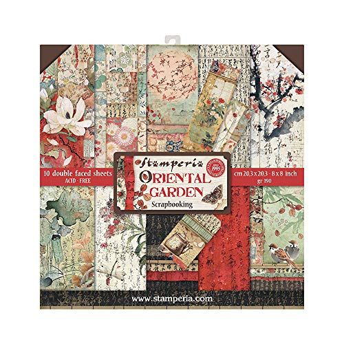 Stamperia SBBS09 Papierblok 10 vellen 20,3 x 20,3 (8" x 8") dubbelzijdig Oriental Garden, meerkleurig