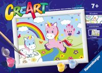 Ravensburger CreArt: Eenhoorns met regenboog - Schilderij met cijfers voor kinderen vanaf 7 jaar, schilderset met planken, frame, penseel en kleuren inbegrepen, 14 x 19 cm, cadeau-ideeën