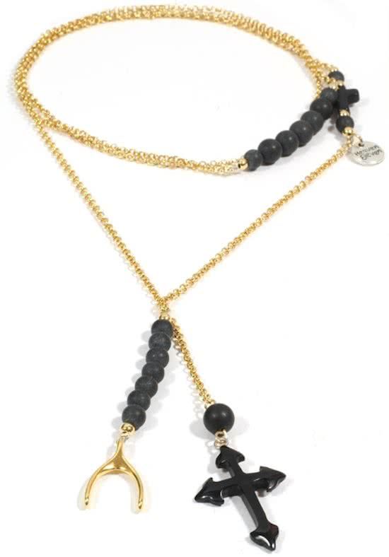 Heaven Eleven dames Ketting goud plating - onyx matte kralen - zwart hertegewei kruisje