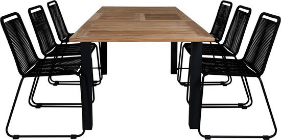 Panama tuinmeubelset tafel 90x152/210cm en 6 stoel stapelS Lindos zwart, naturel.