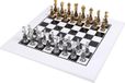 Jeu d'échecs laiton/bois, or/argent, design fantaisie, 10 cm + échiquier blanc/noir, 50 cm