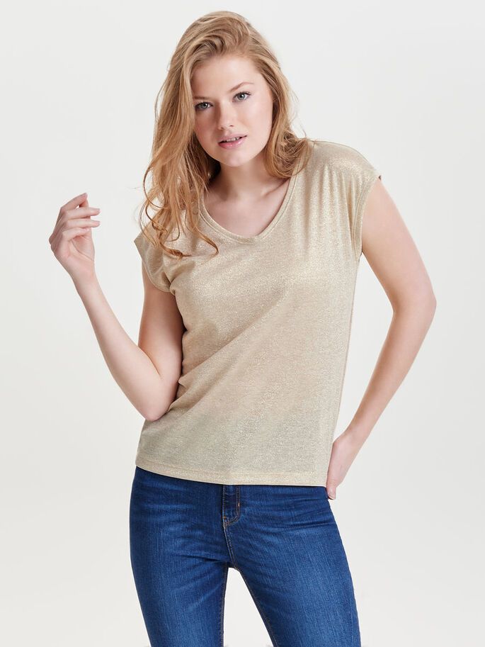 ONLY ONLSILVERY V-Neck Short Sleeve Top - Women's - Size M - Gold / Gold Colour