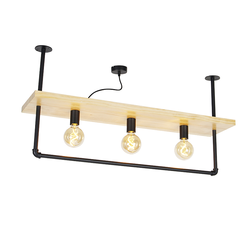 QAZQA Industriële plafondlamp zwart met hout 3-lichts - Shelf