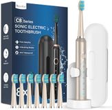 Elektrische COULAX Elektrische Sonische tandenborstels voor volwassenen met 8 koppen, elektrische tandenborstel met reisetui, 5 modi en IPX7, ultrasone elektrische tandenborstels voor familie, reizen, ijsgoud