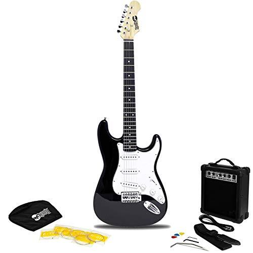 RockJam Full Size elektrische gitaar Superkit met gitaarversterker Gitaarsnaren Gitaarriem Gitaartas en gitaarkabel Zwart