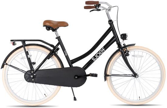 SJOEF City Meisjesfiets 24 inch | Zwarte Kinderfiets Omafiets van 8 tot 12 jaar | LED verlichting | Inclusief Slot | Zwart