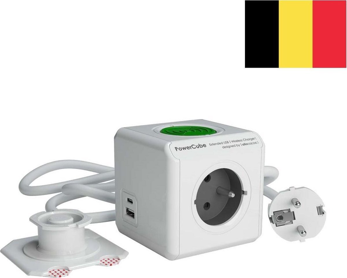 DesignNest PowerCube Extended USB A+C poort en draadloze lader Type E aardingspen (België) - 3 stopcontacten - 1.5 meter kabel - Wireless Charger - oplader - stekkerblok