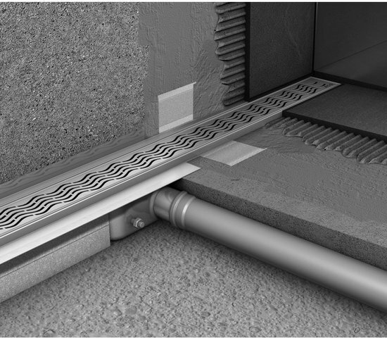 ACO ShowerDrain C douchegoot rvs m.muurflens z.rooster, 70mm breed, stankslot 25mm 885mm inb.diepte 65mm m.zijuitloop 90108831