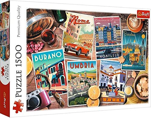 Trefl - Reizen door Europa - Puzzel 1500 Stukjes - Collage, Reizen, Europese steden, Moderne puzzel, Creatief amusement, Spanje, Italië, Frankrijk, voor volwassenen en kinderen vanaf 12 jaar