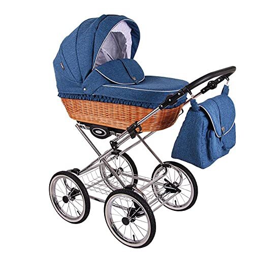 Lux4Kids Retro kinderwagen wilgenmand natuur linnen handgeweven 3-in-1 2-in-1 Isofix RetroLen Blue RL32 3-in-1 met babyzitje