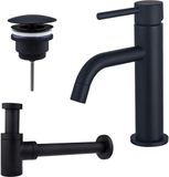 FortiFura Calvi Slim Wastafelkraanset - Lage wastafelkraan - Always Open Plug - Verlaagde design - Sifon - Mat Zwart