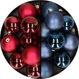 Merkloos / Sans marque Kaemingk B.V. 24x stuks kunststof kerstballen mix van donkerrood en donkerblauw 6 cm