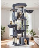 Merkloos Kattenboom Krabpaal XXL - 182 cm - Rookgrijs - 7 krabpalen - 2 kattenhuizen