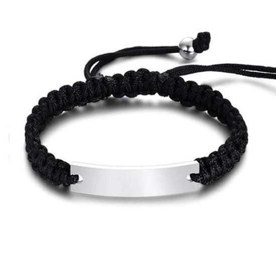 TJ Tom Jaxon Tom Jaxon Heren armband Gevlochten Touw Graveerplaat Zwart Zilverkleurig Verstelbaar