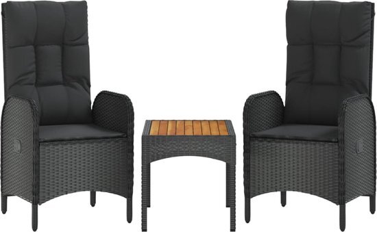 vidaXL 3-delige Loungeset met kussens poly rattan zwart