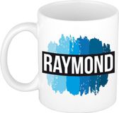 Bellatio Decorations Raymond naam cadeau koffie mok - beker - met blauw verfstrepen - Cadeau collega - vaderdag - verjaardag - meester - coach - 300 ml - wit