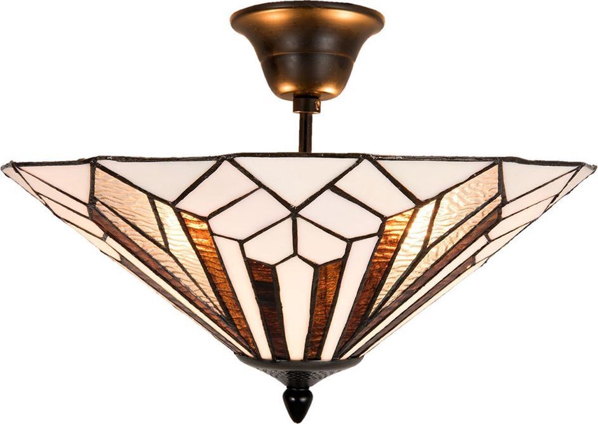 Lumilamp Plafondlamp Tiffany Ø 40*28 cm E14/max 2*40W Wit, Bruin Metaal / glas Art Deco Driehoek Plafonniere Glas in Lood