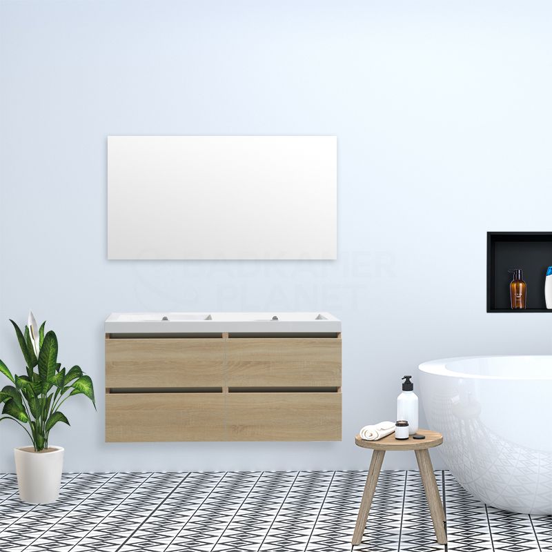 Badkamerplanet Badkamermeubel Trento Greeploos Mineraal 120 cm Light Wood met 4 Lades met Standaard Spiegel met 2 kraangaten