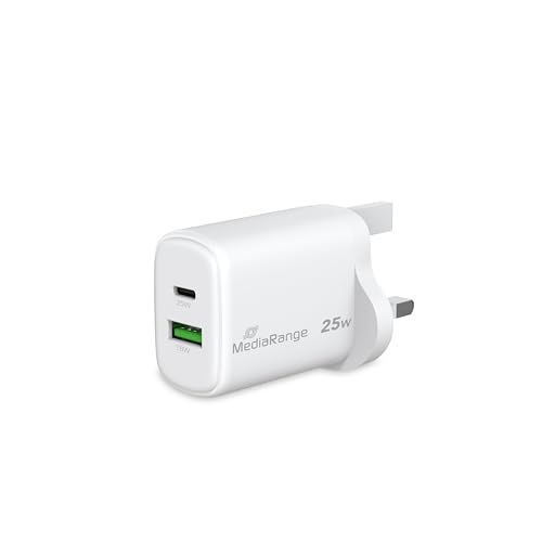 MediaRange GaN snellaadadapter van 25 W (UK-stekker), 1 x USB-C en 1 x USB-A, ondersteunt USB-C® Power Delivery en Quick Charge™, wit