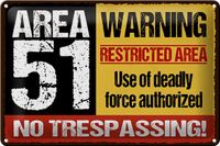Femer Metalen bord spreuk 30x20 cm Area 51 Waarschuwing beperkingen Area Deco bord tin Sign