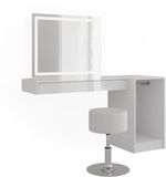 Vicco Kaptafel set met kruk Sherry, Wit, 140.2 cm met LED-spiegel, kruk en module met kledingstang