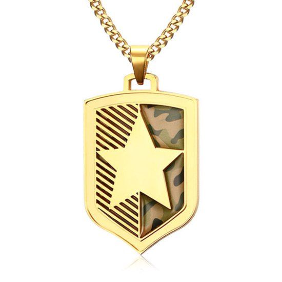 Mendes Jewelry Herenketting Edelstaal Verguld Camouflage Ster Schild