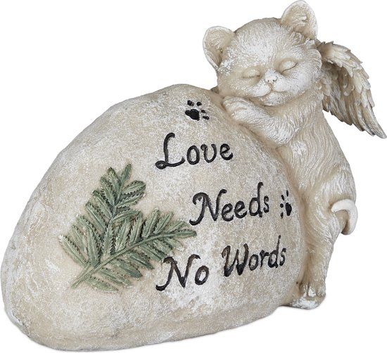 Relaxdays Gedenksteen Kat - Love Needs No Words - Grafsteen - Kunststof - 16 cm - Crème/Zwart/Donkergroen