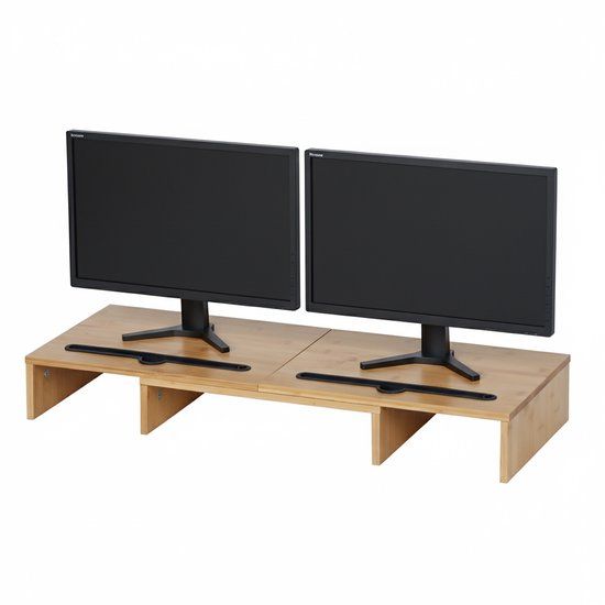 Relaxdays Monitorstandaard, 2 schermen, verstelbaar, 74-105 cm, bamboe