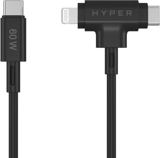 Hyper HyperJuice USB-C naar USB-C en Lightning hybrid silicone kabel (1.5m/60W) – Zwart