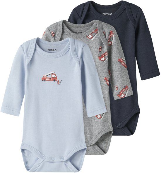 NAME IT NBMBODY 3P LS FIRETRUCK NOOS Romper Grey Melange Lange mouw 3-pack Maat 62