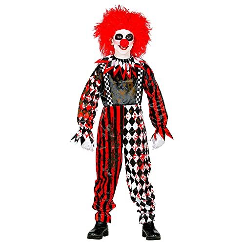 Widmann - Kinderkostuum killer-clown, overall met kraag, bloed besmeurd, ruiten, strepen, horror, psycho, killer, kostuum, verkleding, themafeest, carnaval, Halloween