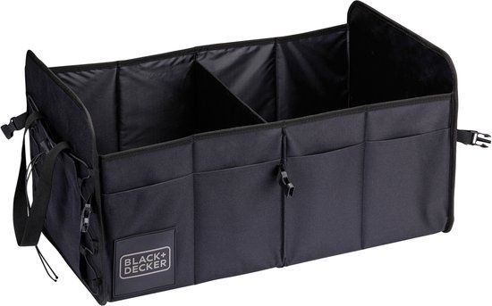 BLACK+DECKER Kofferbak Opbergbox - 59 x 36 x 30 CM - 2 Vakken - Extra Zijvakken - Met Handvatten - Zwart