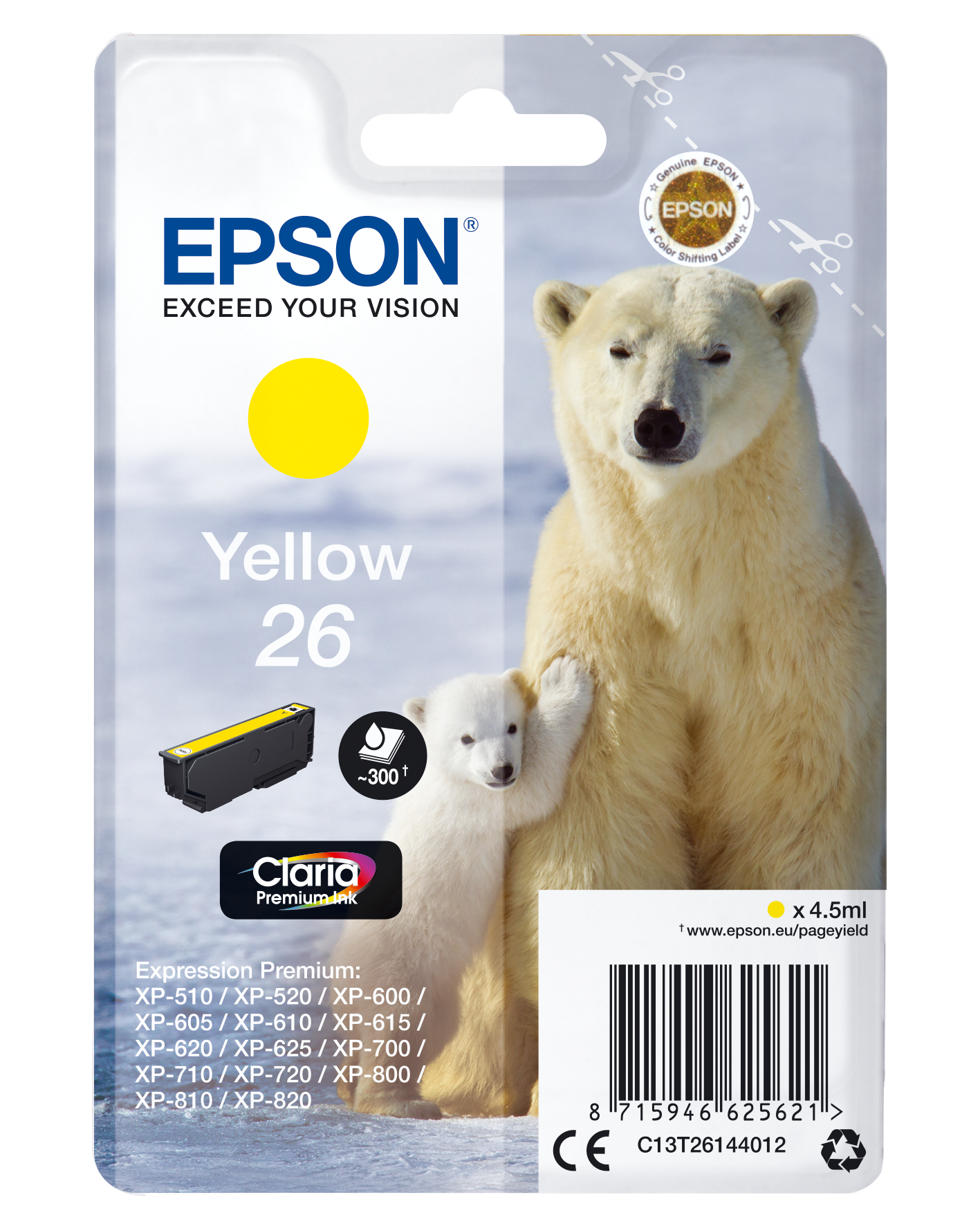 Epson Polar bear Singlepack Yellow 26 Claria Premium Ink single pack / geel