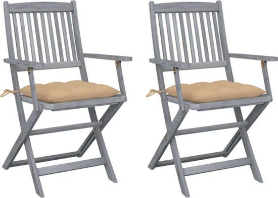 vidaXL Set van 2 klapstoelen met kussens, massief acaciahout, beige