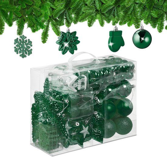 Merkloos / Sans marque Relaxdays Kerstballen set van 100 - Kunststof - Donkergroen - Mat, Glanzend, Glitters - 4 cm