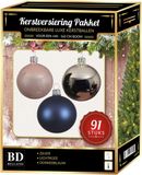 Bellatio Decorations Kerstbal en piek set 91x zilver-lichtroze-donkerblauw voor 150 cm boom - Kerstboomversiering