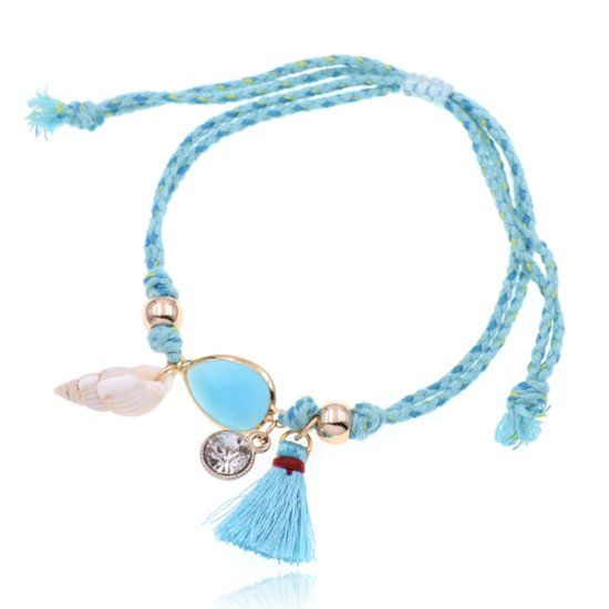 Deja Jewels Enkelband blauw verstelbaar van touw met schelpje en kristal