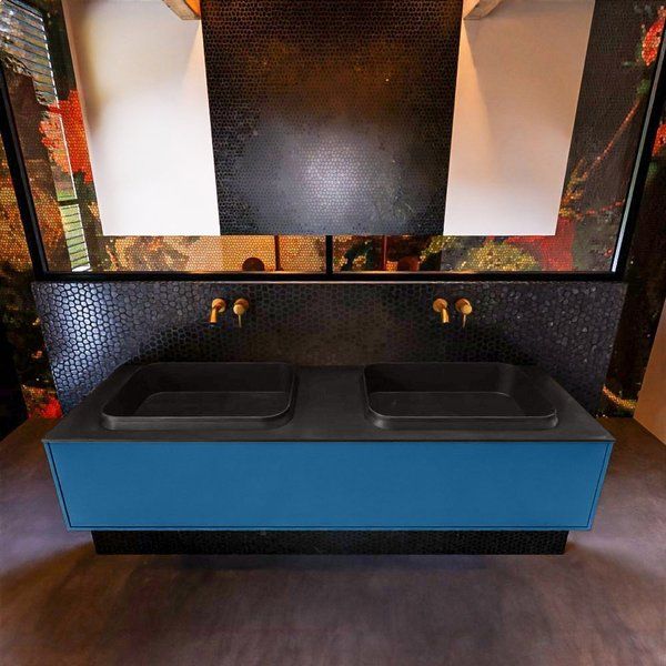 Mondiaz ERIN 150cm badmeubelset onderkast Jeans met 1 lade + Wastafel RIDGE dubbel Urban