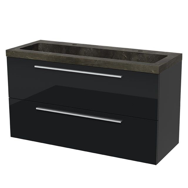 Maxaro Badkamermeubel 120cm Modulo Hoogglans Zwart 2 lades Vlak Wastafel Natuursteen Blue Stone