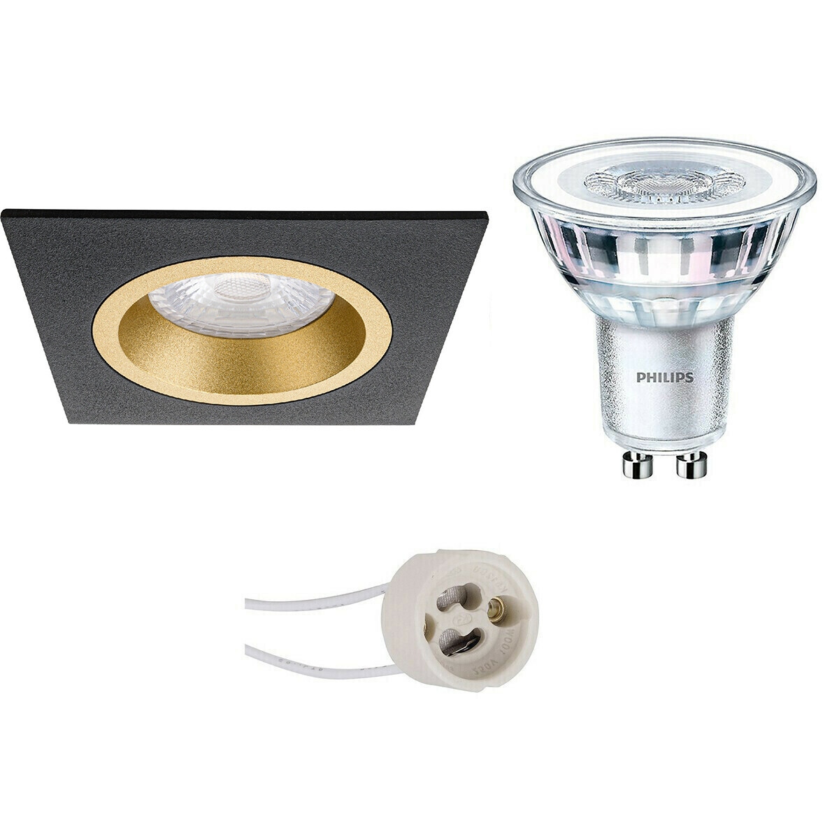 BES LED LED Spot Set - Pragmi Rodos Pro - GU10 Fitting - Inbouw Vierkant - Mat Zwart/Goud - 93mm - Philips - CorePro 830 36D - 3.5W - Warm Wit 3000K