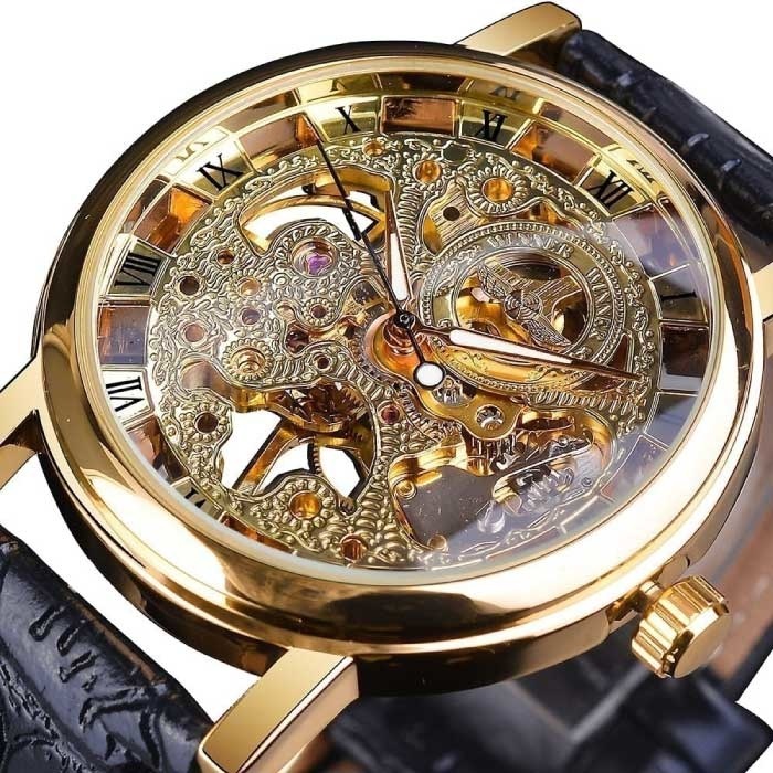 Winner Winner Gouden Kast Luxe Horloge voor Heren - Leren Bandje Transparant Mechanisch Skelet Zwart Goud