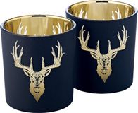 Merkloos EDZARD Set van 2 theelichthouders windlicht Lio (hoogte 8 cm, 7 cm) hertenmotief, buiten mat zwart / binnenkant goud