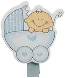 Mopec Houten klem in de vorm van kinderwagen en baby, blauw, 12 stuks, 1,30 x 3,50 x 5,00 cm