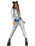 Fever Miss Whiplash Mirror Holographic Costume, Zip Up Catsuit, (M)